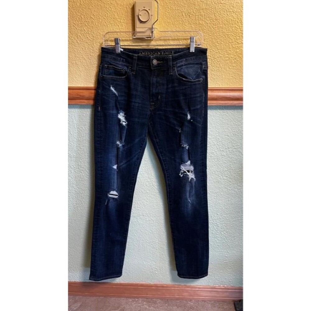 American Eagle Men’s Slim Fit Dark Wash Distressed Jeans | Y2K Denim